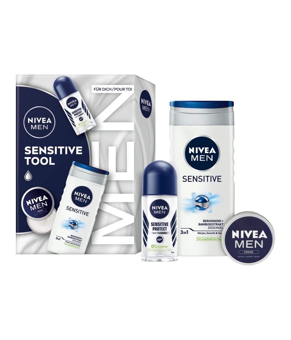 Geschenkset mit Duschgel, Roll-On und Creme. Produkte in weiß-blauer Verpackung. NIVEA MEN Sensitive Tool.