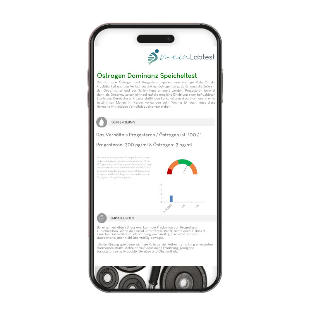 Smartphone mit Anzeige des Testergebnisses. Text: Östrogen Dominanz Speicheltest. Diagramm und Text.