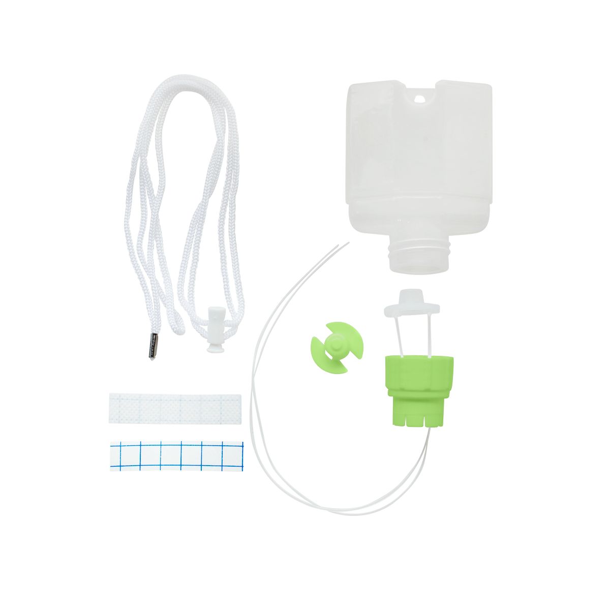 Ardo SNS Brusternährungsset, Einzelteile. Transparenter Behälter, grüner Verschluss, Schläuche, Klebestreifen, und weitere Teile.