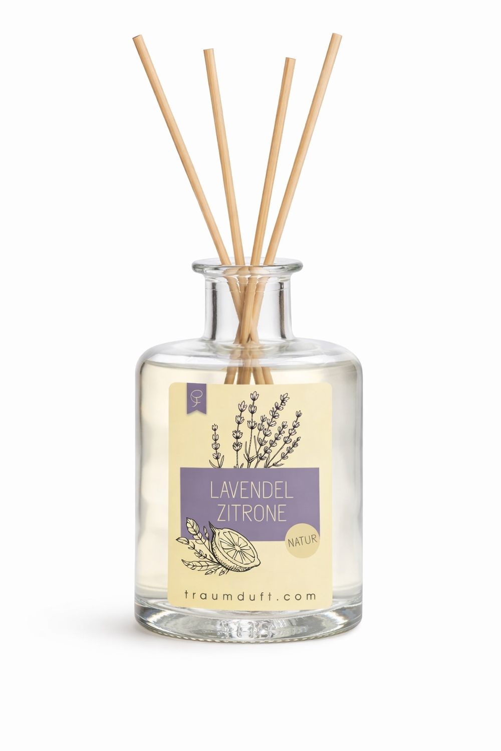 Glasflakon mit Peddigrohr-Stäben. Etikett mit Lavendel-Zitrone-Aufdruck. Produktname und Logo sichtbar.
