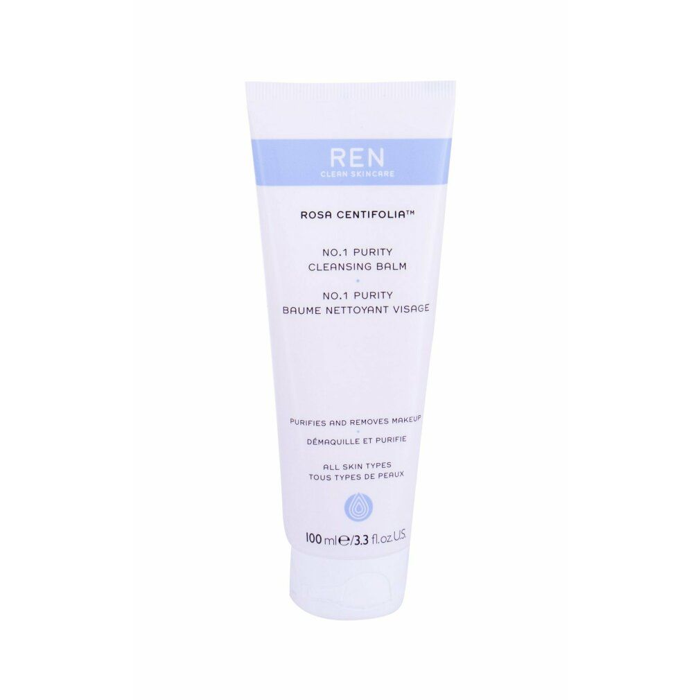 Weiße Tube mit blauem Streifen. Text: REN, Rosa Centifolia, No.1 Purity Cleansing Balm, 100ml/3.3 fl.oz. Reinigt und entfernt Make-up.