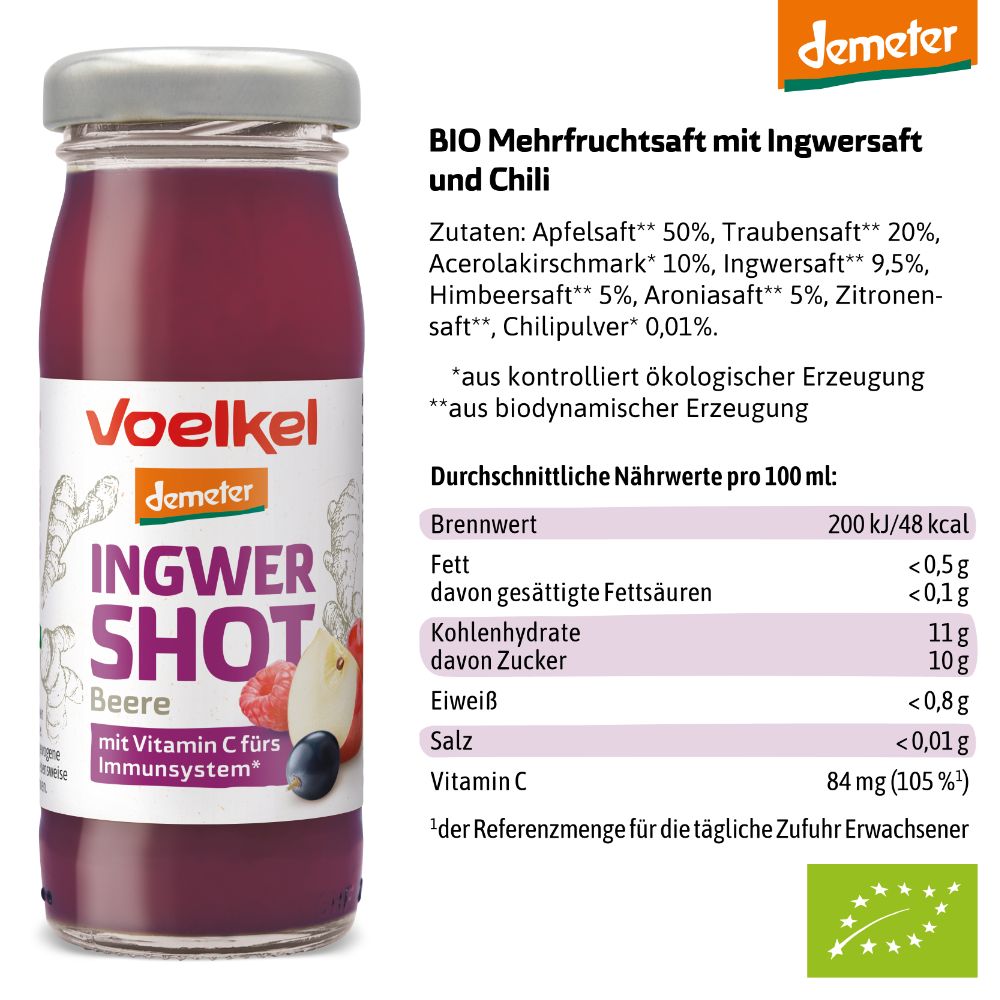 Glasflasche mit rotem Inhalt. Etikett "Voelkel Ingwer Shot Beere" und Nährwertangaben. Demeter-Siegel und Zutatenliste.