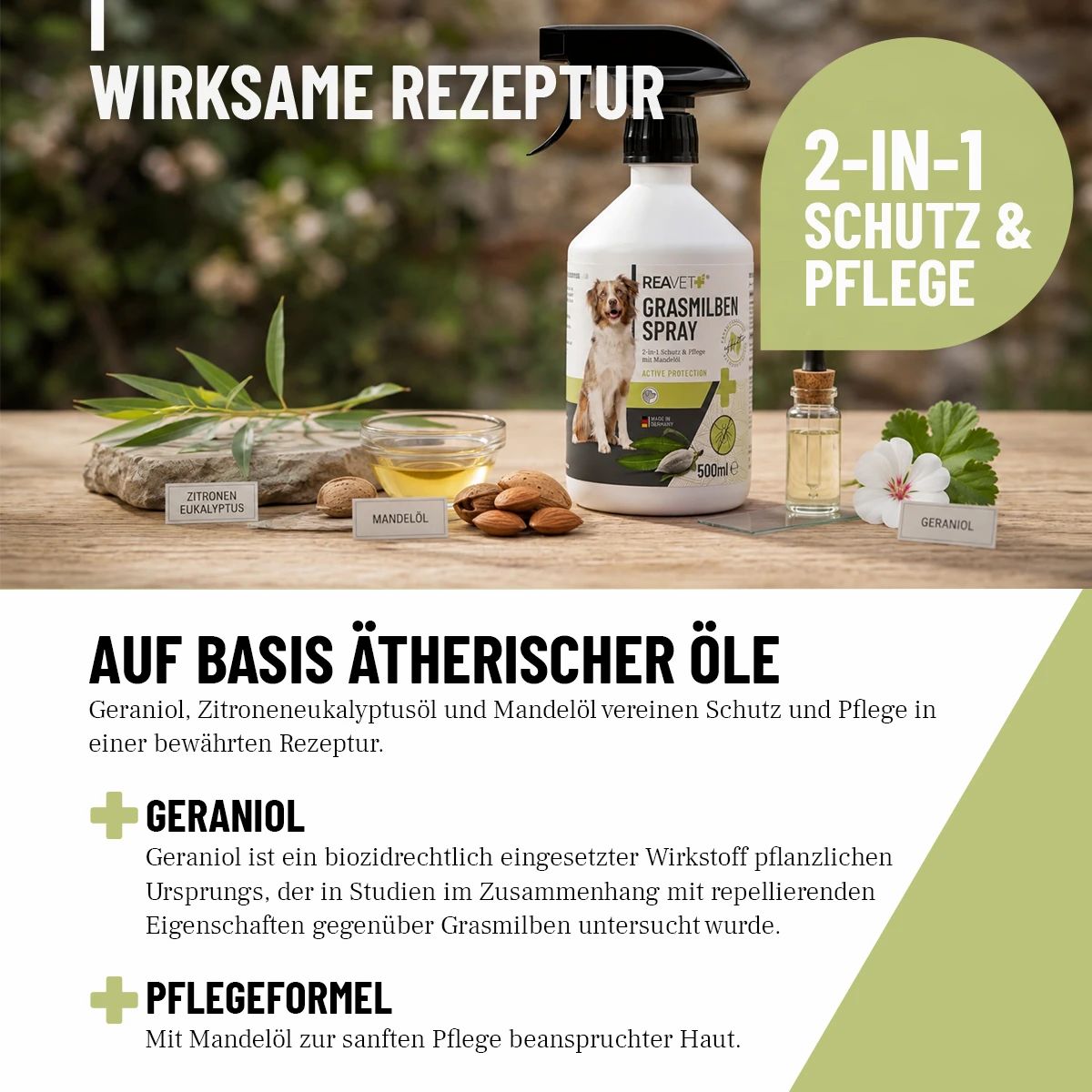 ReaVET Grasmilben Spray Flasche neben ätherischen Ölen und Mandeln. "2-in-1 Schutz & Pflege".