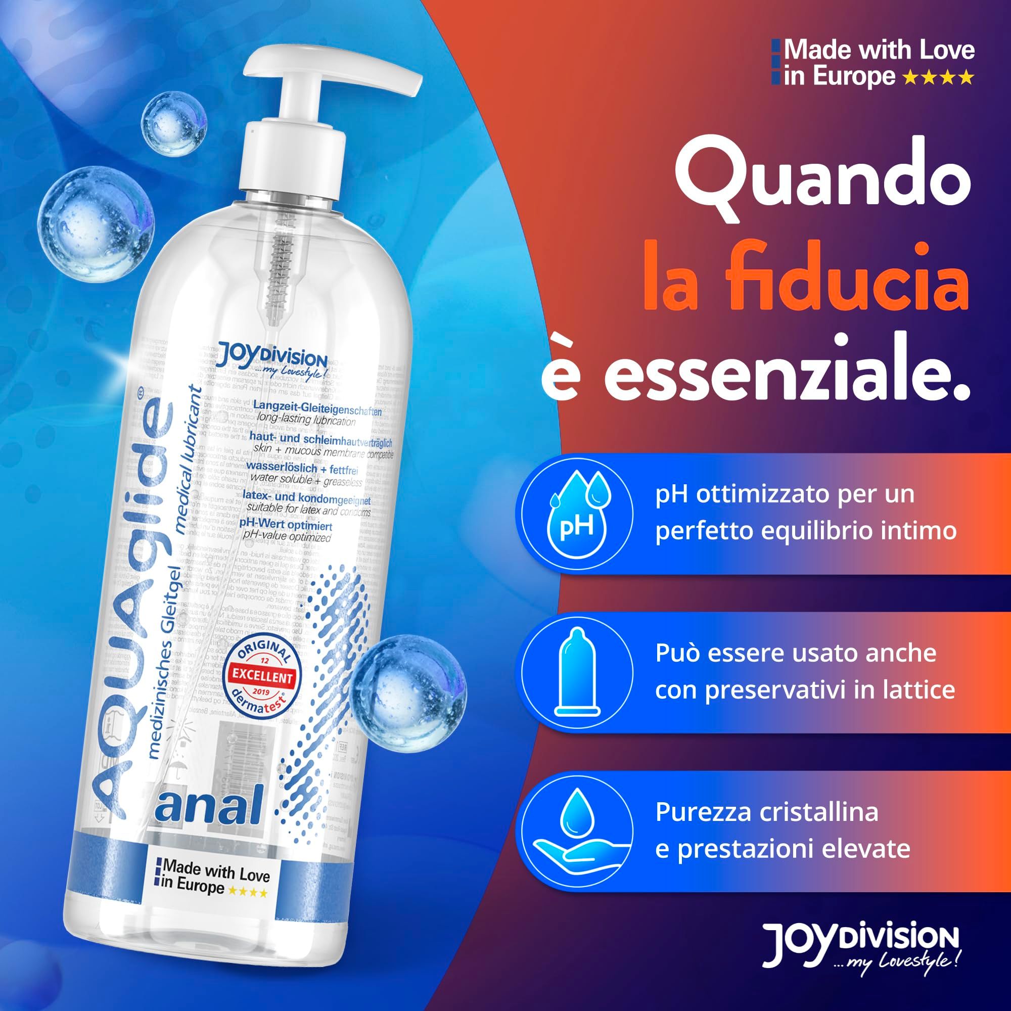 AQUAglilde Anal Gleitgel mit Pumpspender, mit italienischen Texten und Icons.