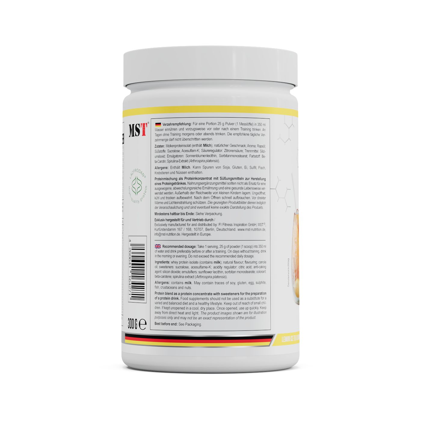Weiße Dose mit gelben Akzenten. Aufdruck: Text in Deutsch, MST-Logo, 300g. Enthält Informationen zur Anwendung.