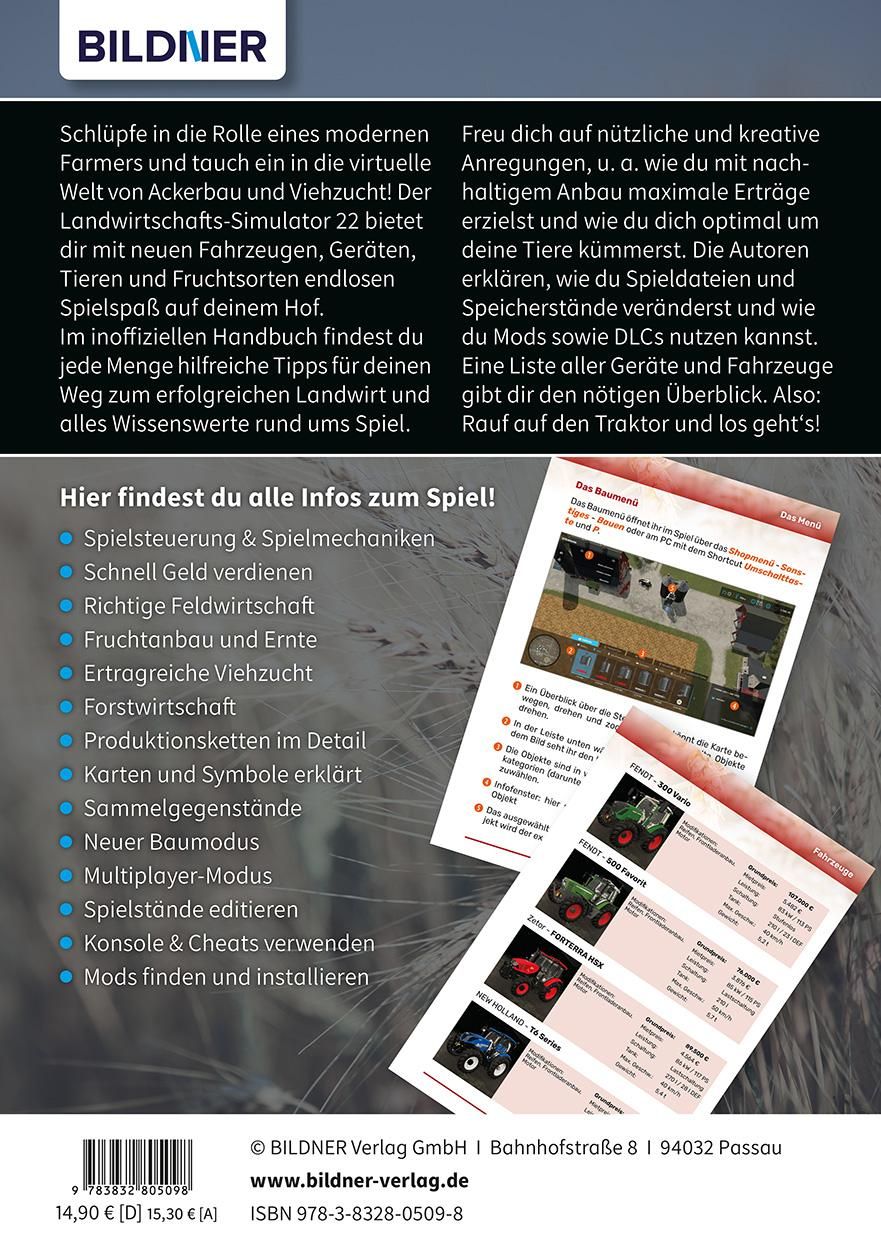 Rückseite eines Buches. Titel: "Landwirtschafts-Simulator 22". Text und Abbildungen von Traktoren und Spielinhalten.