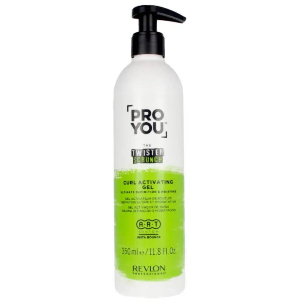 Weiße Flasche mit schwarzem Pumpkopf. Aufschrift: PRO YOU, THE TWISTER SCRUNCH, CURL ACTIVATING GEL. Grüne Akzente. 350ml/11.8 Fl. Oz. Revlon Professional.