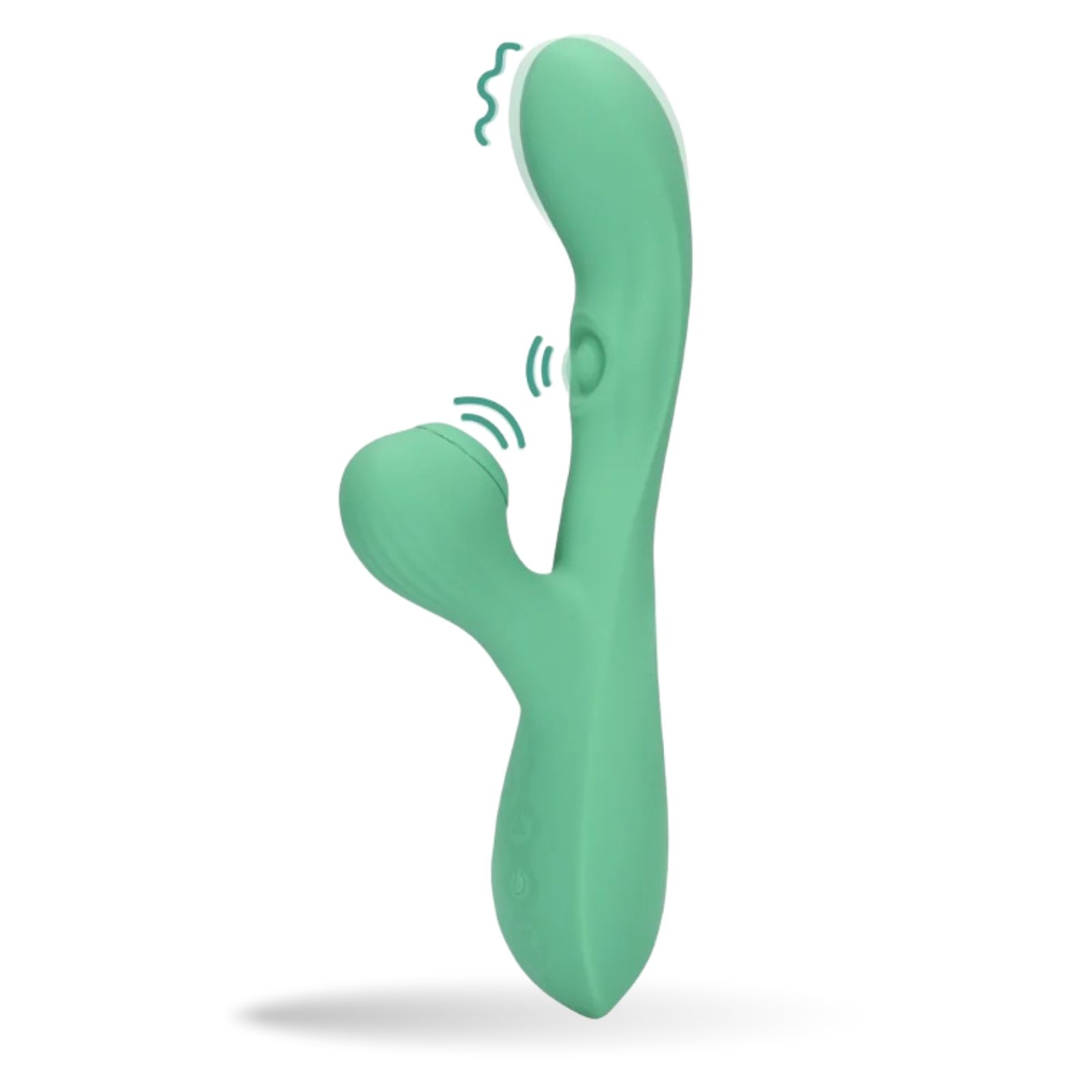 Grüner Vibrator in Froschform. Mit wellenförmigen Linien dargestellt.