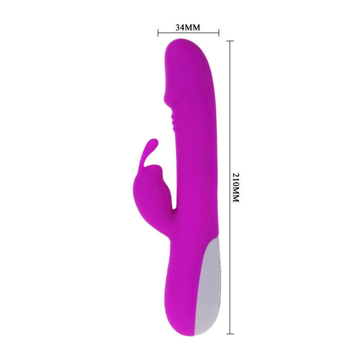 Lila Vibrator mit weißem Griff. Maße: 210mm lang, 34mm breit. Hasenohren-Design.