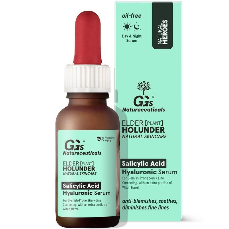 Braune Glasflasche mit roter Pipette. Aufschrift: GGs Natureceuticals, Salicylsäure Hyaluronsäure Serum. Mit Verpackung.