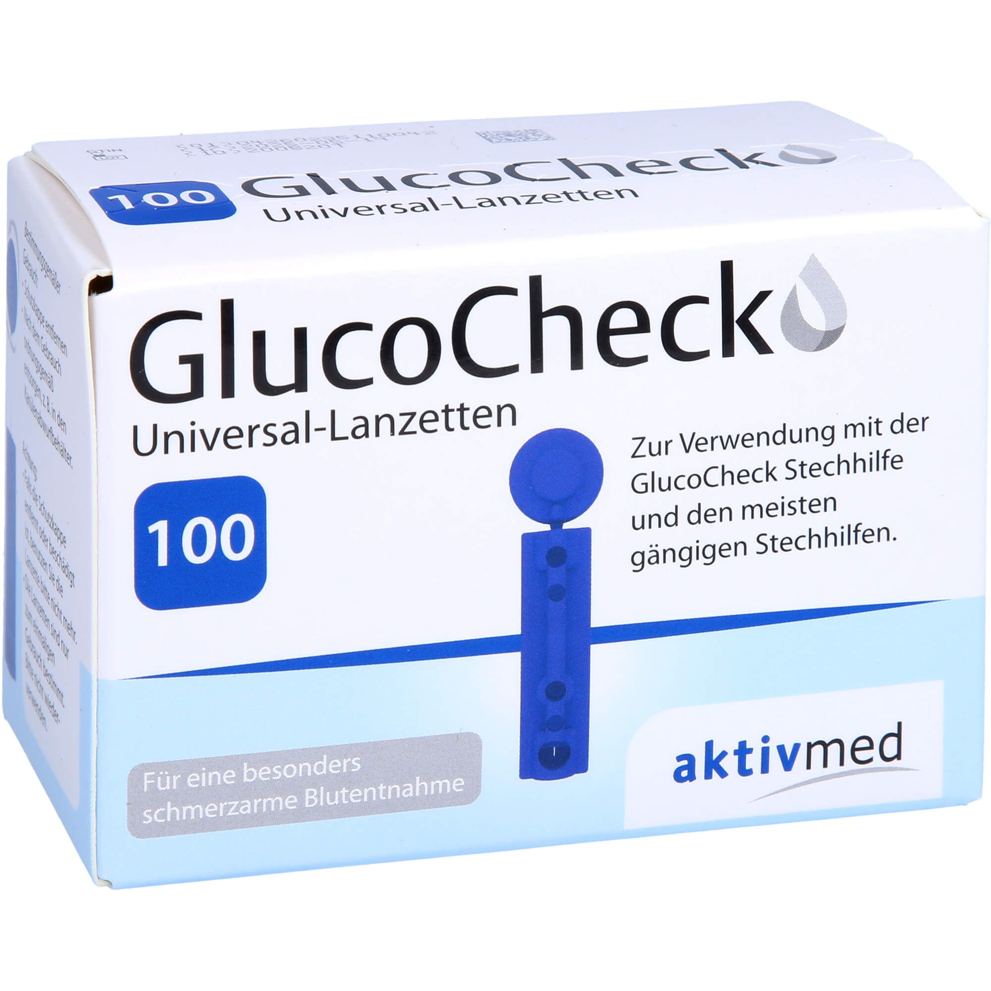 Schachtel mit 100 Lanzetten. Aufschrift: GlucoCheck Universal-Lanzetten. Blaue Lanzette sichtbar. Marke: aktivmed.