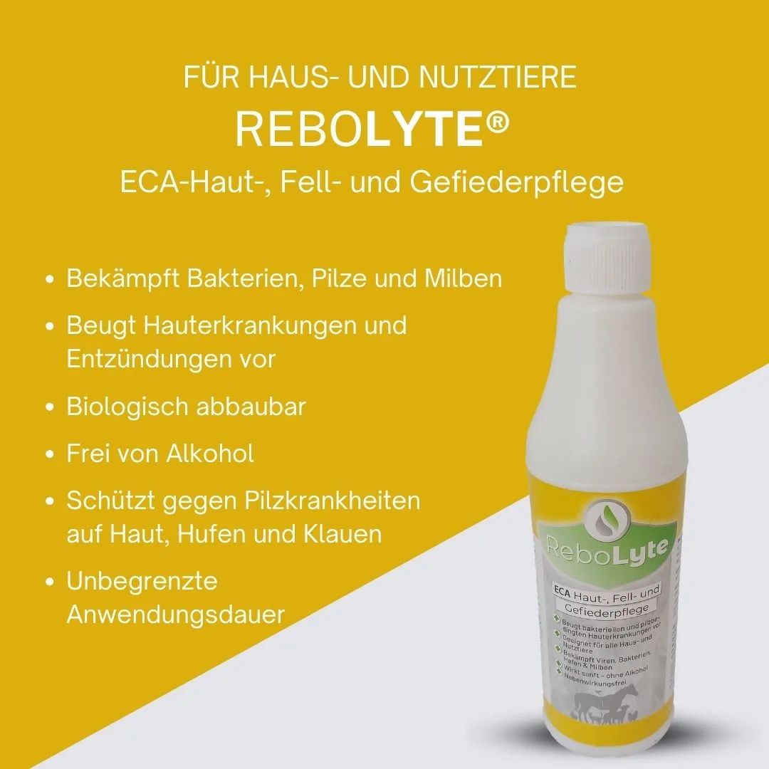 ReboLyte® Haut-, Fell- und Gefiederpflege: Flasche mit Anwendungshinweisen.