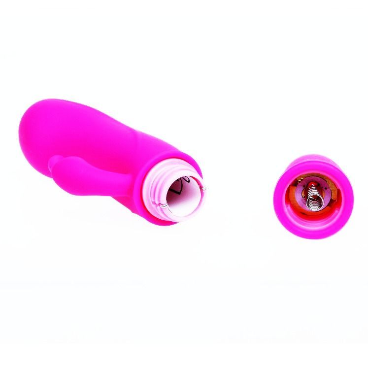 Pinkfarbener Vibrator mit abnehmbarem Kopf. Der Kopf ist abgenommen und zeigt das Batteriefach. Silikonmaterial.