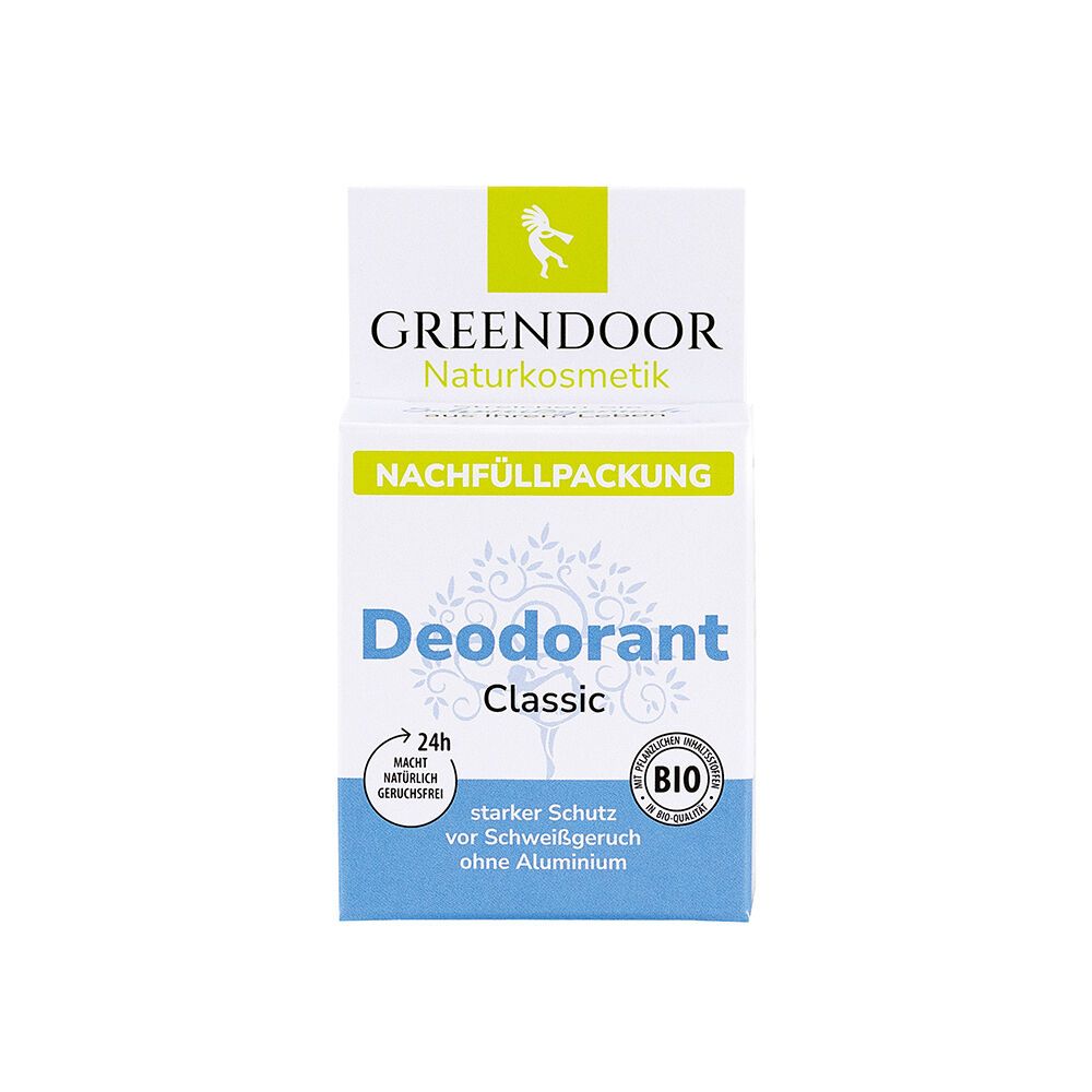 Weißer Karton mit "GREENDOOR Naturkosmetik" und "NACHFÜLLPACKUNG" Schriftzug. "Deodorant Classic" mit Bio-Siegel. Blaue Basis mit Text.