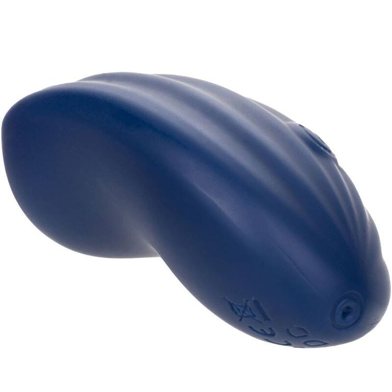 Dunkelblauer, geschwungener Silikon-Vibrator mit Längsrillen, von unten betrachtet.