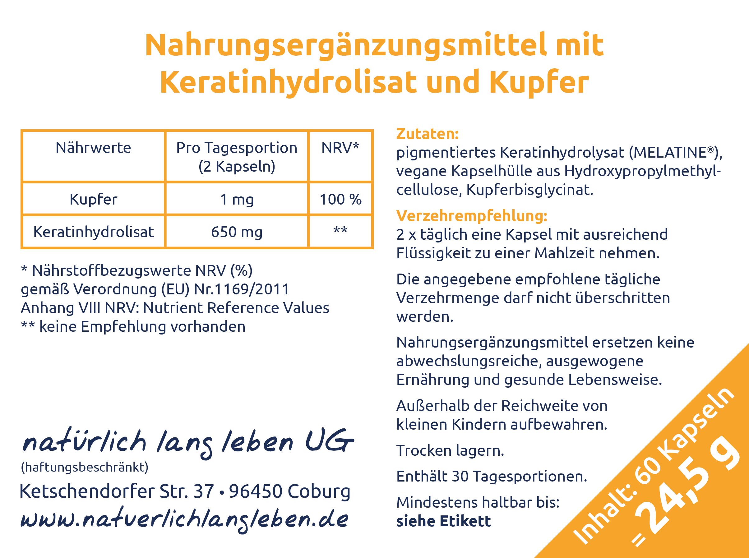 Nahrungsergänzungsmittel-Etikett. Enthält Informationen zu Inhaltsstoffen, Nährwerten und Dosierung. Text: natürlich lang leben.