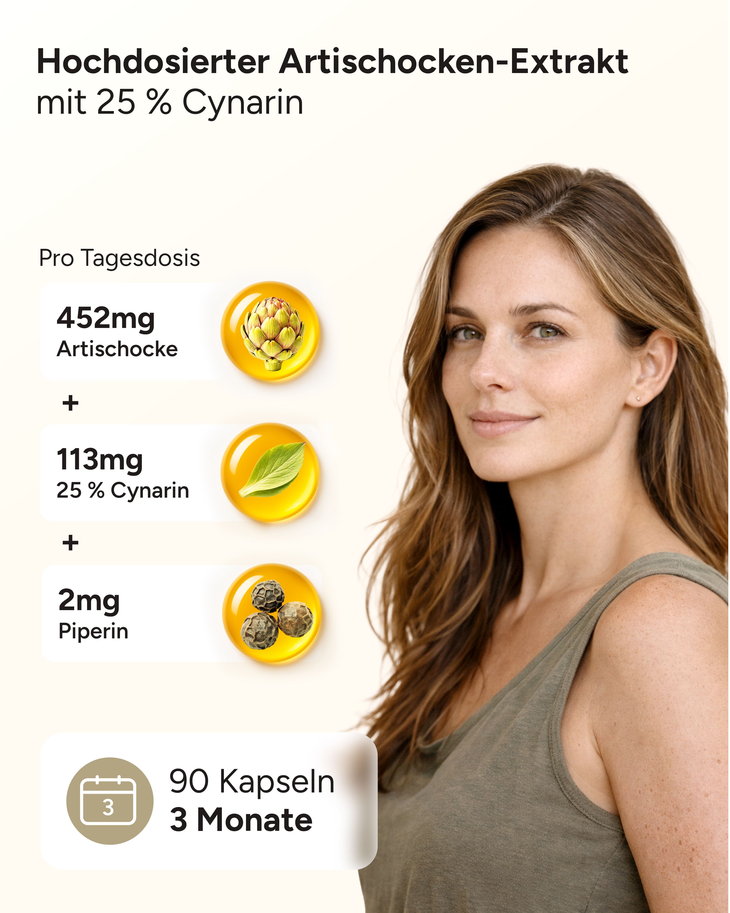 Grafik mit Inhaltsstoffen: Artischocke, Cynarin, Piperin. Frau im Hintergrund. Text: 90 Kapseln, 3 Monate.