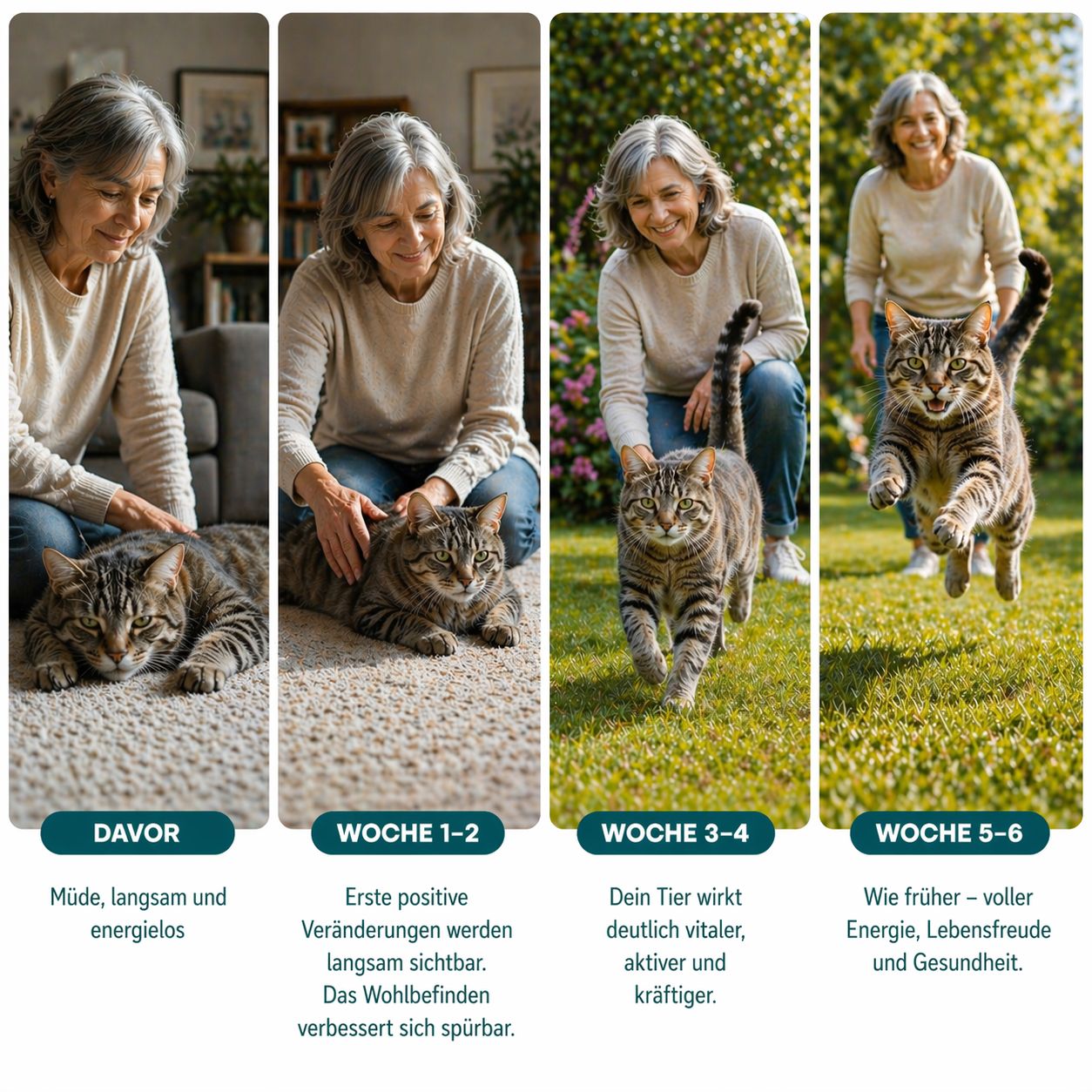 Vier Bilder zeigen eine Katze in verschiedenen Stadien. Text: Müde, langsam, energielos. Woche 1-2: Verbesserungen sichtbar.