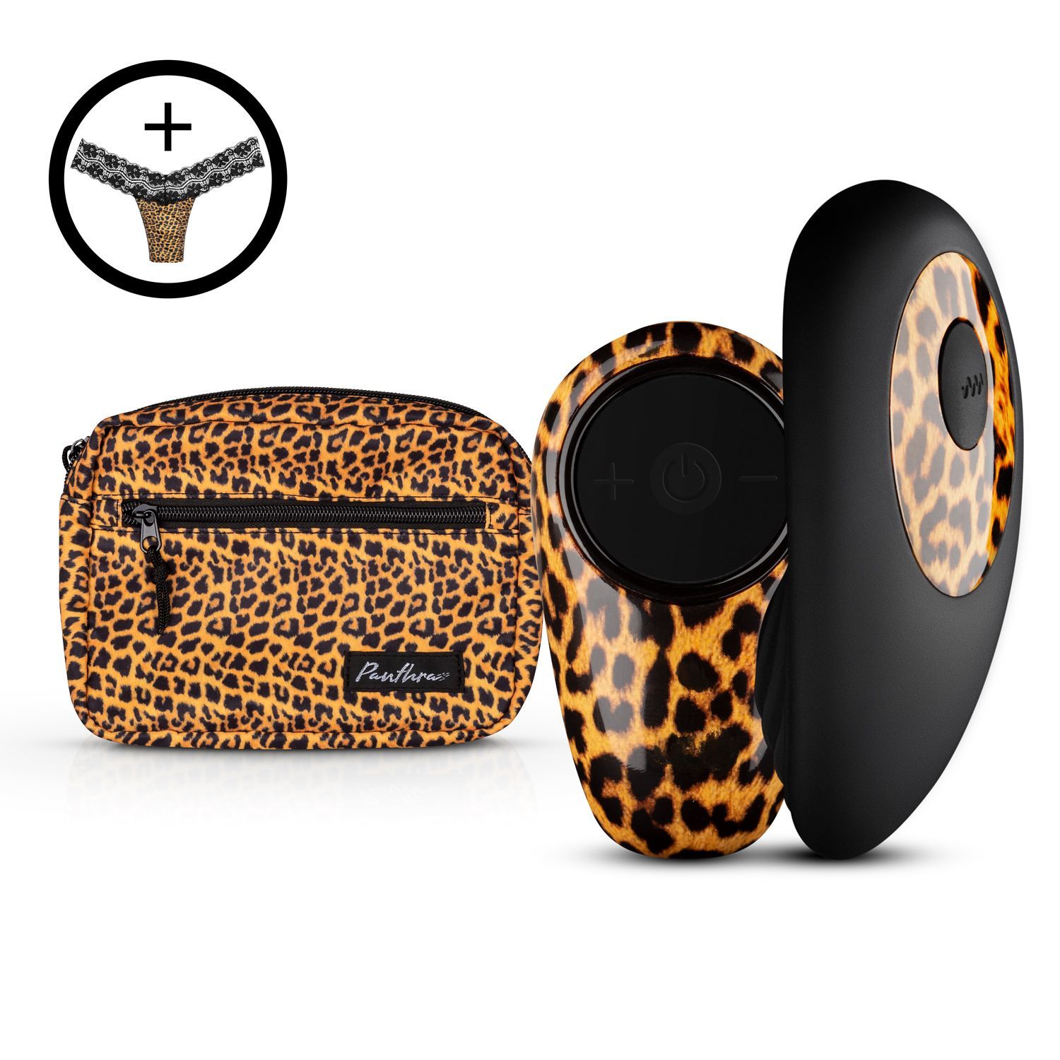 Set mit Vibrator und Tasche. Vibrator mit Leopardenmuster, schwarzem Teil und Bedienfeld. Tasche mit Leopardenmuster. Schwarze Spitze-Hose.