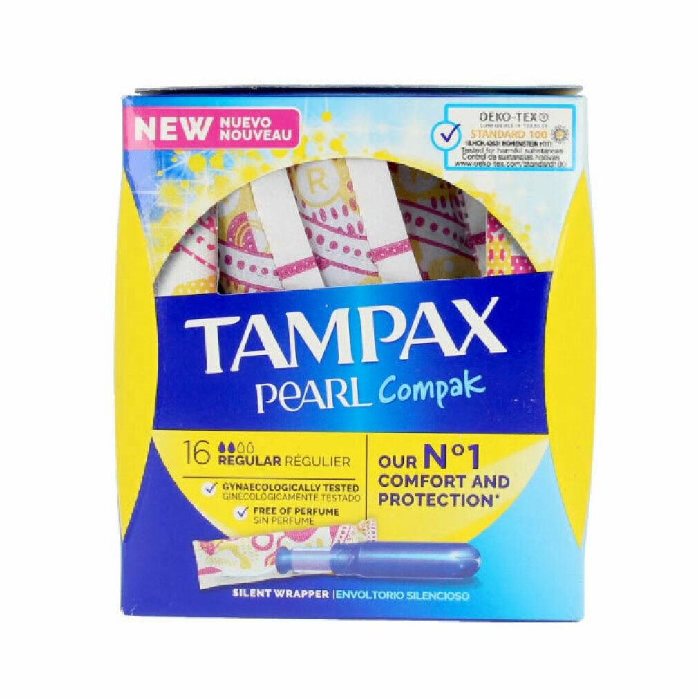 Verpackung von Tampax Pearl Compak Regular Tampons. Enthält 16 Stück. Mit Aufdrucken und dem Hinweis auf Komfort und Schutz.
