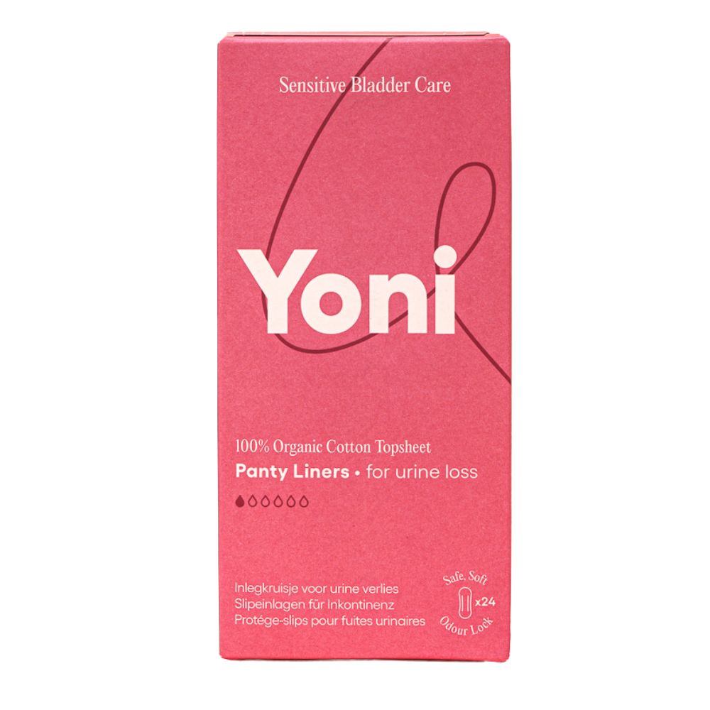 Rosa Verpackung von Yoni Slipeinlagen. Text: 100% Bio-Baumwolle, für Urinverlust. 24 Stück.