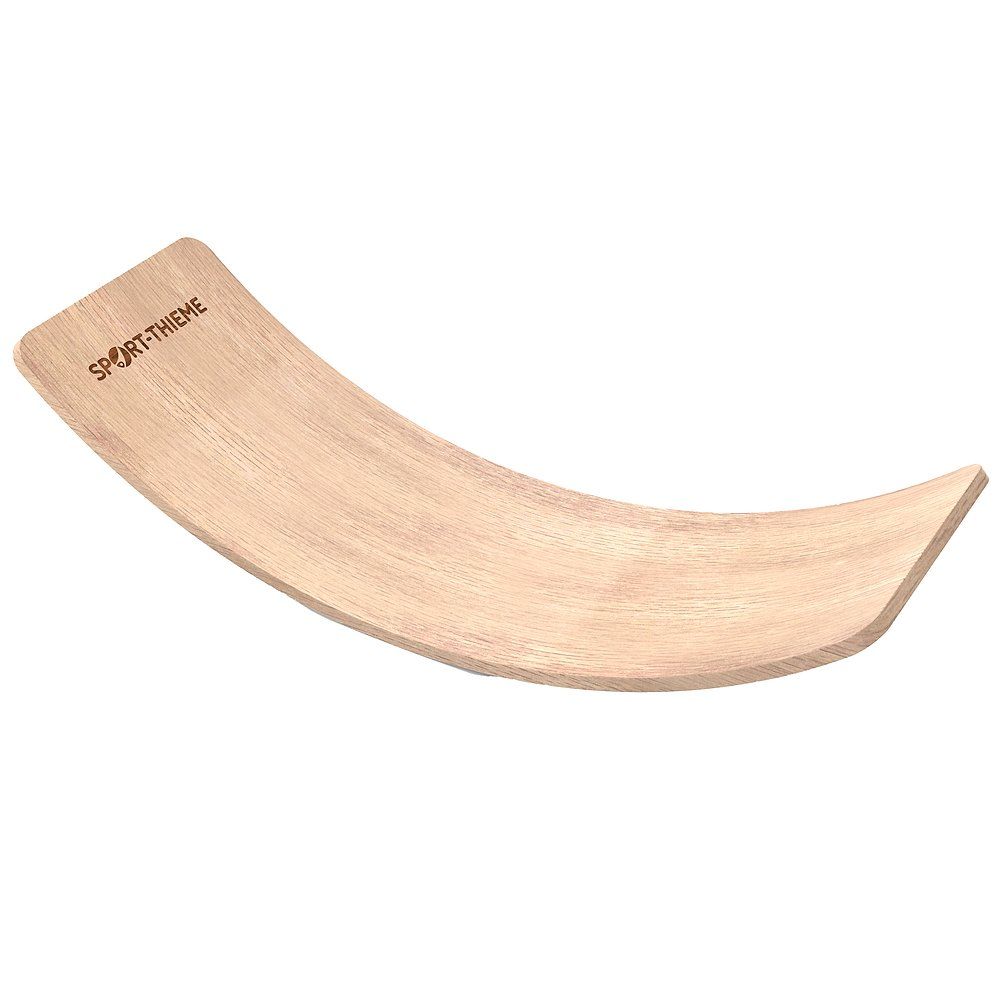 Gebogenes Balance-Board aus Holz. Auf der Oberfläche ist der Schriftzug SPORT-THIEME zu sehen.