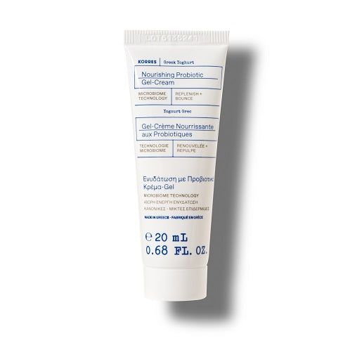Weiße Tube mit Produkttext. Aufschrift: KORRES Greek Yoghurt Nährende Probiotische Gel-Creme. Volumen: 20 ml.
