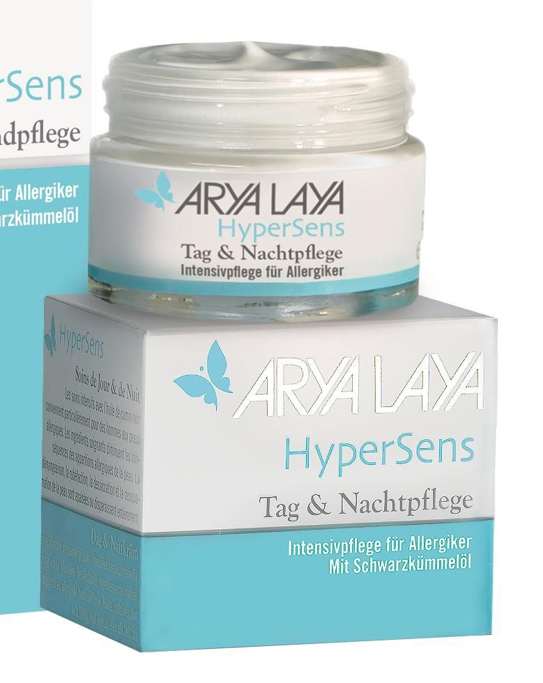 Creme-Glas und -Verpackung. Aufschrift: ARYA LAYA HyperSens Tag & Nachtpflege, Intensivpflege für Allergiker. Mit Schwarzkümmelöl.