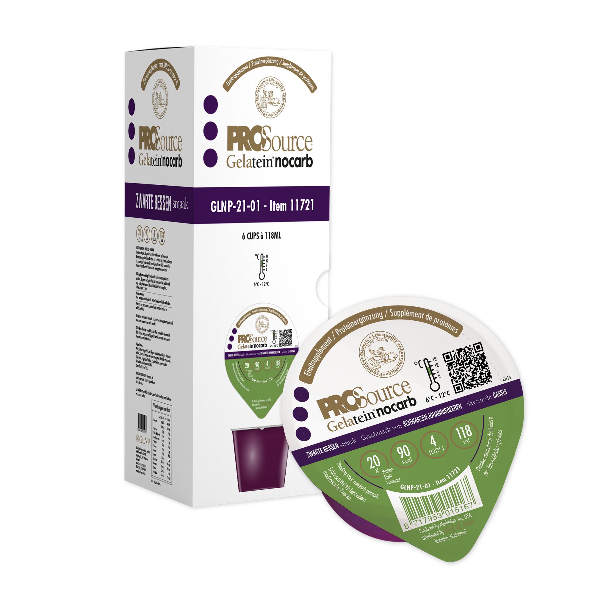 PROSource Gelatein NoCarb, Schwarze Johannisbeere, in Becher und Verpackung. 6 Becher. Produktbezeichnungen und Nährwertangaben sichtbar.