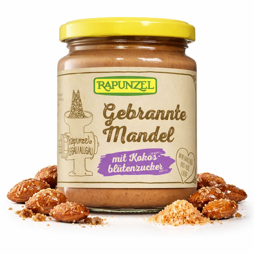 Rapunzel Gebrannte Mandel Aufstrich mit Kokosblütenzucker im Glas, umgeben von Mandeln und Krümeln.