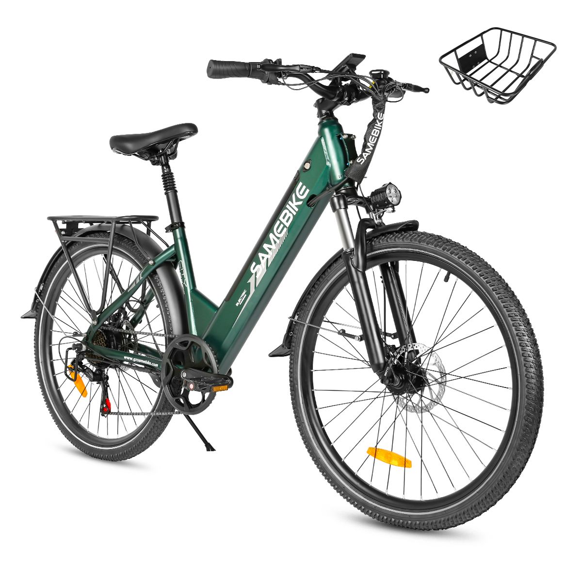 Grünes E-Bike mit Korb. Marke SAMEBIKE. Schwarze Reifen, Gepäckträger, Scheinwerfer. 36V 15Ah Batterie.