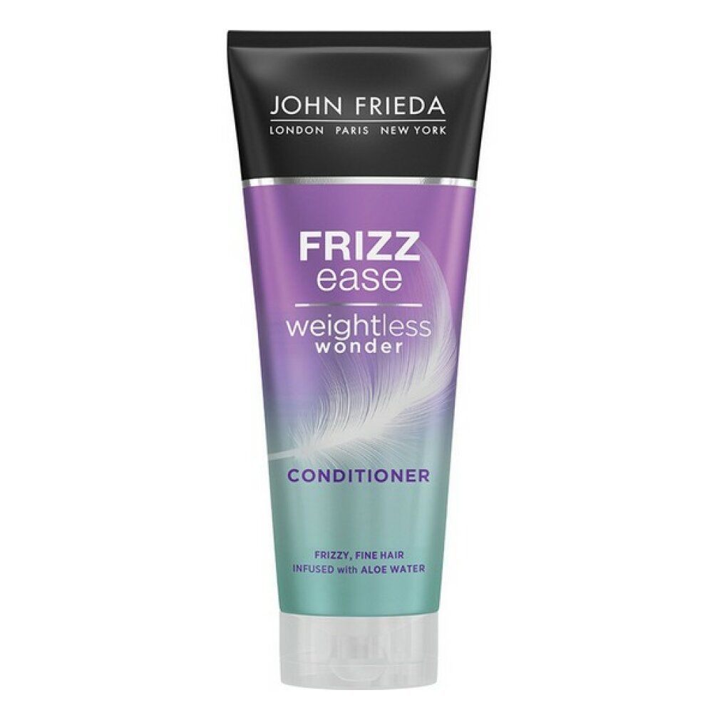 John Frieda Frizz Ease Conditioner Tube. Lila-grünes Design mit Text: Frizz Ease, Weightless Wonder, Conditioner. Für feines, krauses Haar.