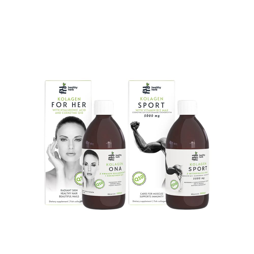 Zwei Flaschen und Verpackungen. Aufschrift: Kollagen Sport und Kollagen For Her. Flaschen mit weißem Deckel und brauner Flüssigkeit.