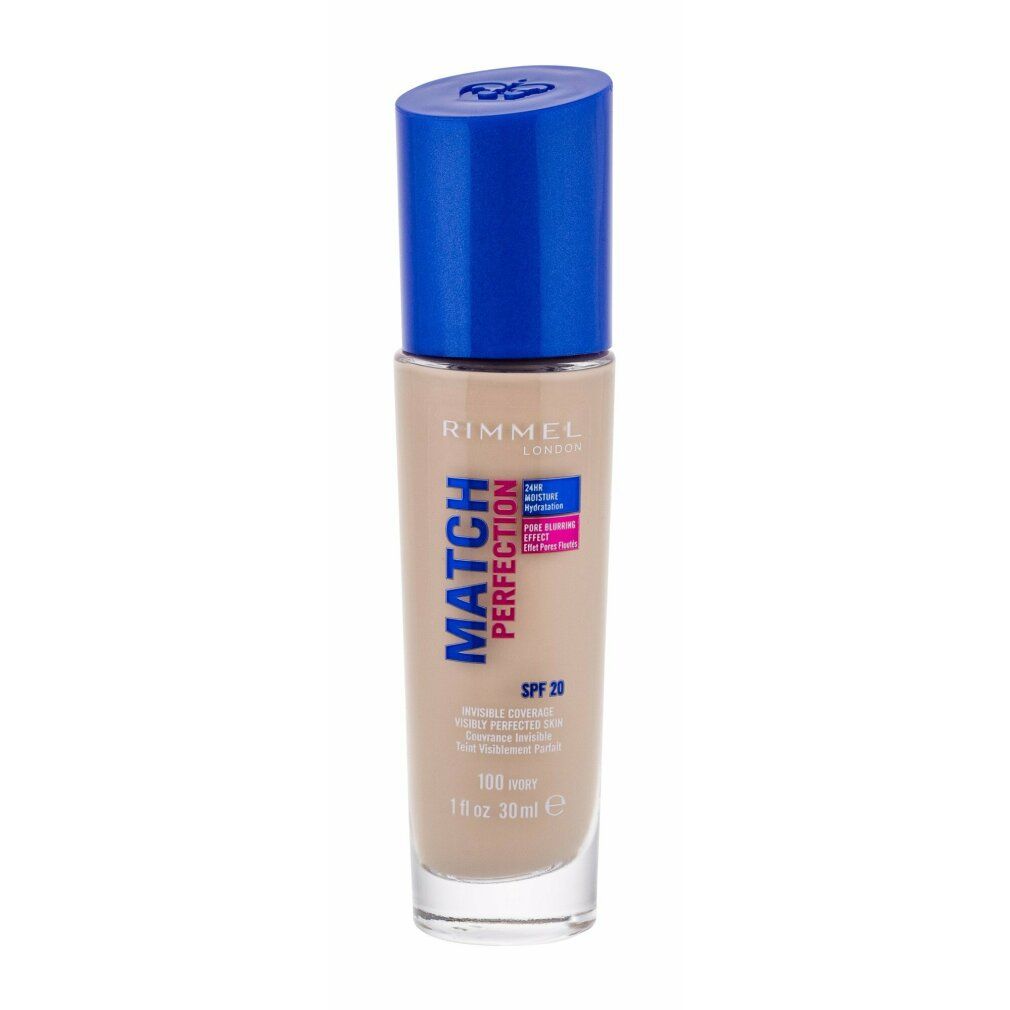 Foundation-Flakon mit blauem Deckel. Aufschrift: Rimmel London, Match Perfection, SPF 20, 100 Ivory. 30 ml.