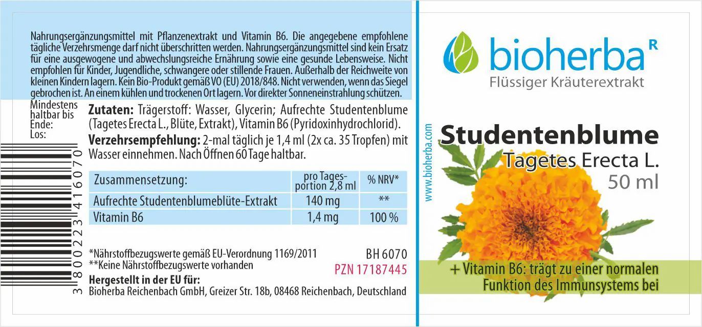 Etikett mit Produktname, Logo und Inhaltsangaben. Studentenblume Extrakt. Enthält Vitamin B6. Text in deutscher Sprache.