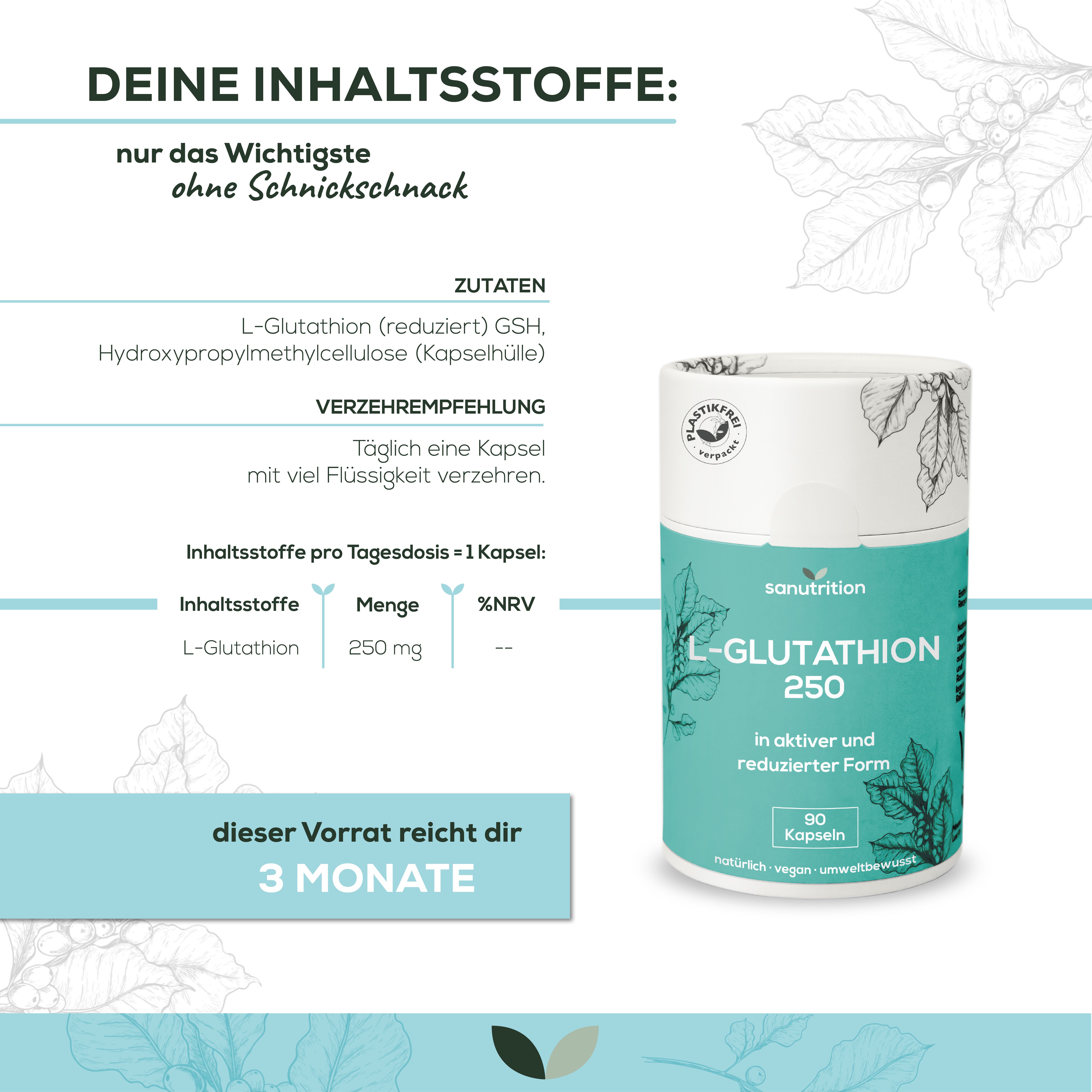 Produktverpackung und Zutaten. Dose 'Sanutrition L-Glutathion 250'. 90 Kapseln. Empfehlung: 1 Kapsel täglich.