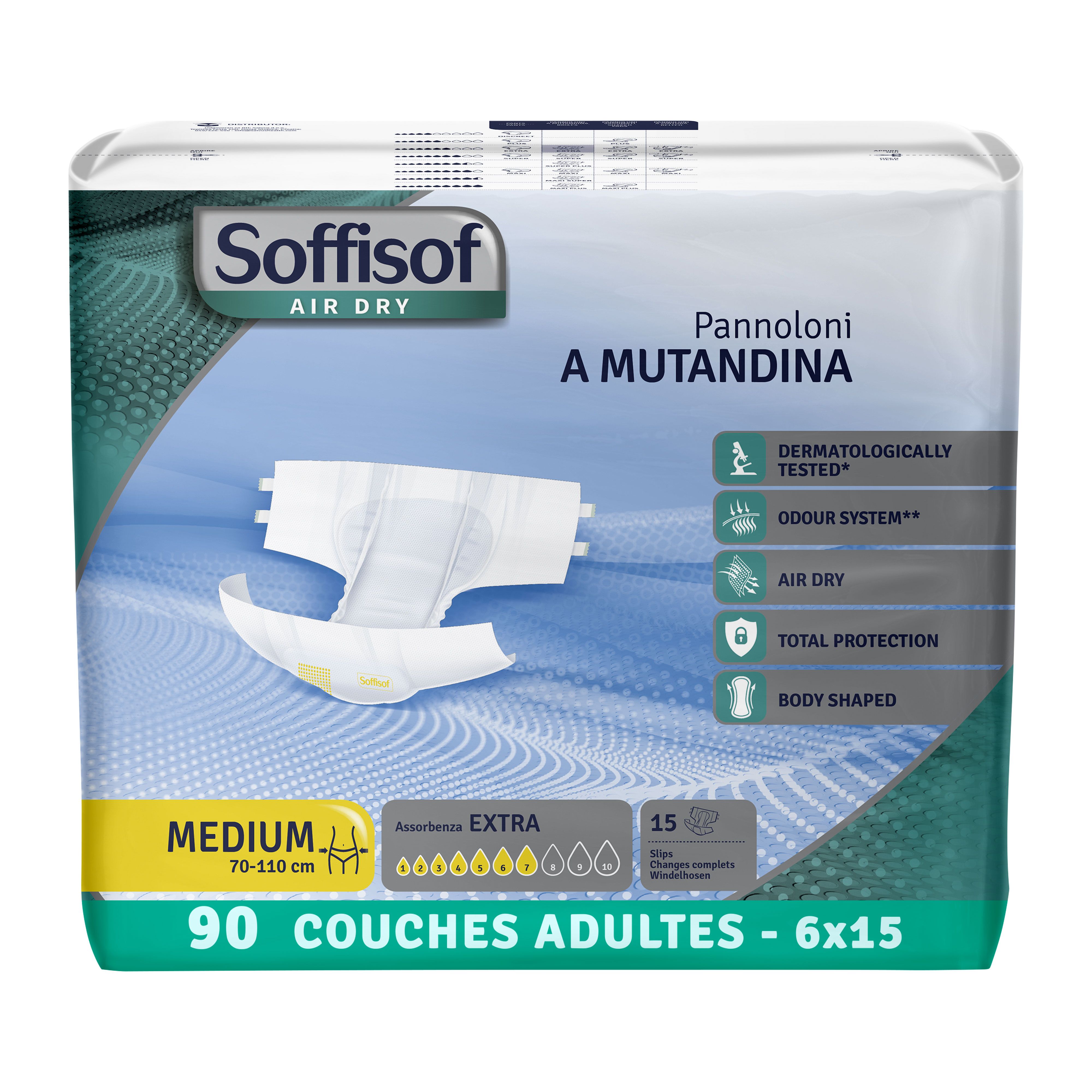 Paquet de couches Soffisof Air Dry pour adultes Extra. Taille Medium, 70-110 cm. 90 couches.