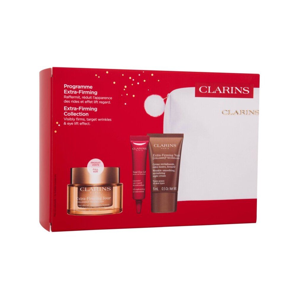 Rote Geschenkbox mit Creme-Tiegel, Tube, Flasche. Aufschrift Clarins.