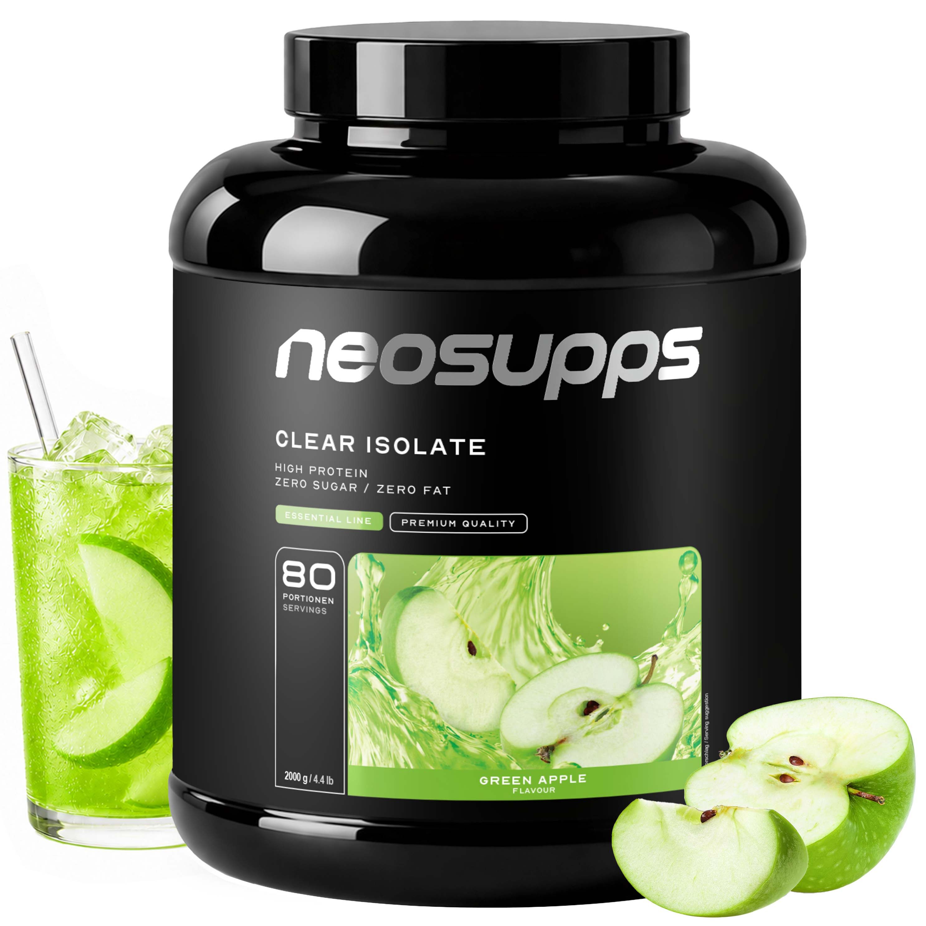 Schwarzer Behälter mit Neosupps Clear Isolate Protein Pulver, Geschmack Green Apple.