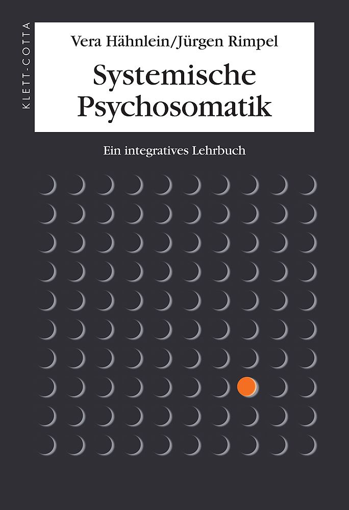 Buchcover: Titel 'Systemische Psychosomatik'. Autoren: Vera Hähnlein/Jürgen Rimpel. Verlag Klett-Cotta. Dunkler Hintergrund mit Mond-Symbolen und orangefarbenem Punkt.
