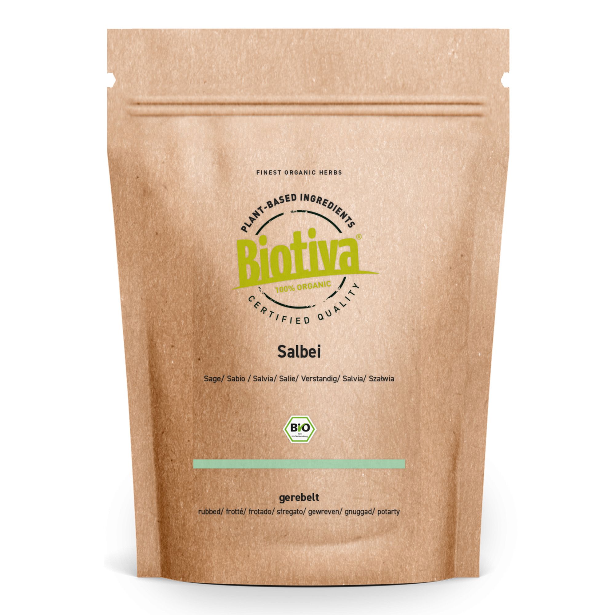 Biotiva Salbei Tee gerebelt Bio in brauner Papiertüte mit Siegeln.