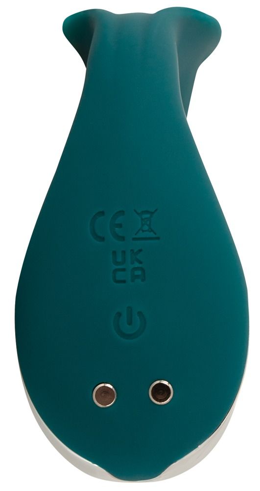 Türkisfarbener Vibrator mit CE-Kennzeichnung und zwei Kontaktpunkten. Die Basis ist silberfarben. Ein Ein/Aus-Symbol ist sichtbar.