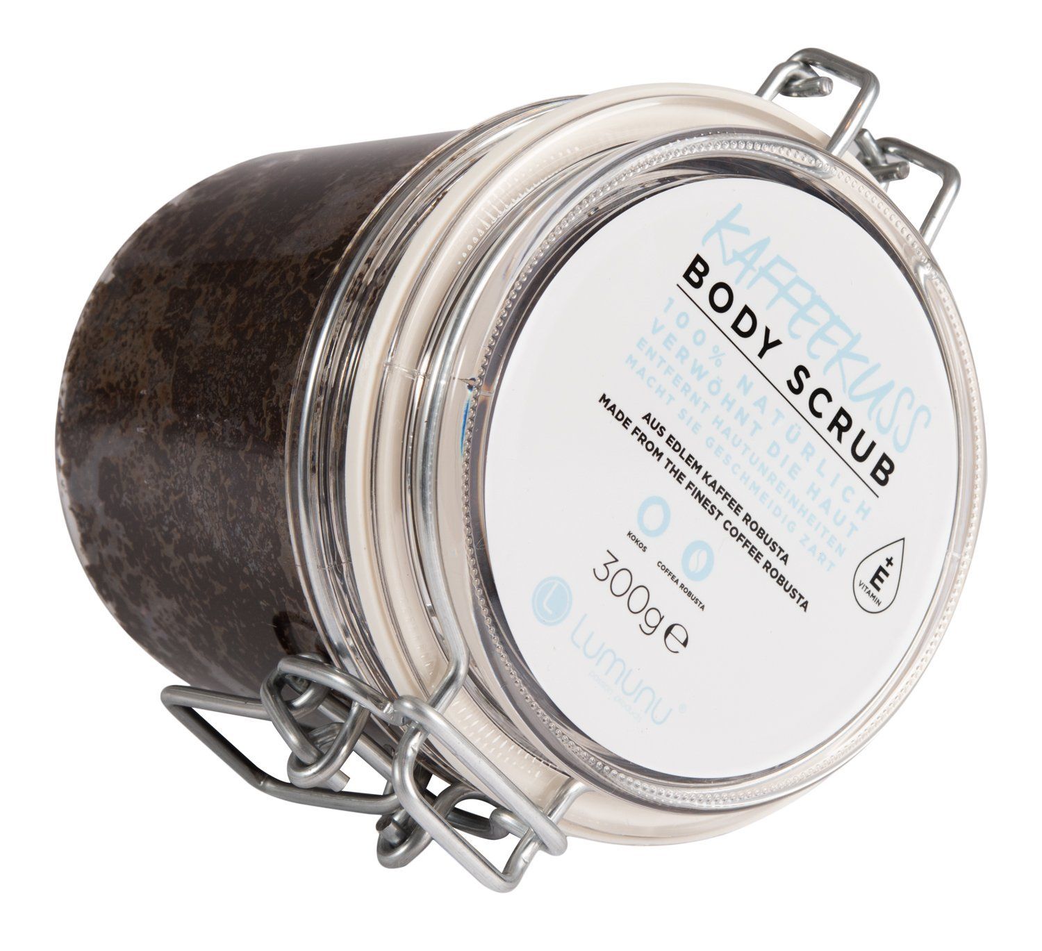 Glas mit Körperpeeling, Deckel mit Verschluss. Etikett mit Produktinformationen. Kaffeekuss Body Scrub, 300g.