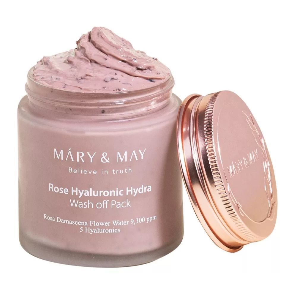 Geöffneter Mary & May Rose Hyaluronic Hydra Wash-off Pack mit roséfarbenem Deckel daneben.