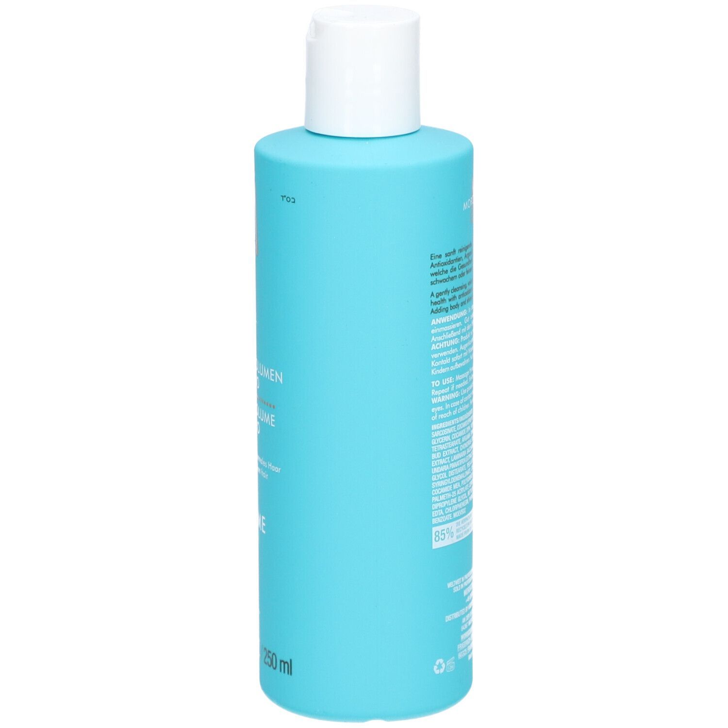 Türkisfarbene Flasche mit weißem Verschluss, 250 ml.