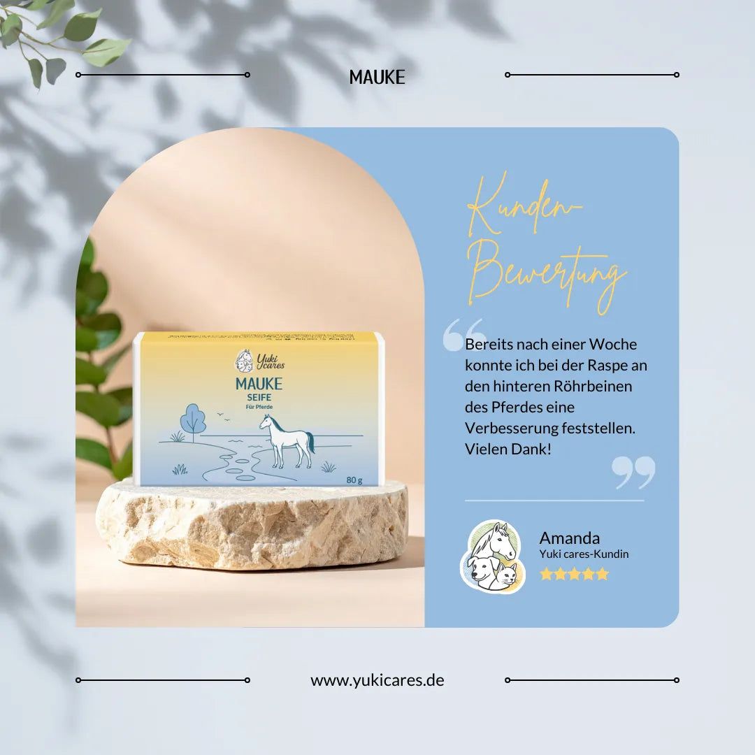Seife auf Sockel. Marke Yuki cares. Text: Mauke Seife. Zitat: Kundenbewertung. Logo und Website-Adresse.
