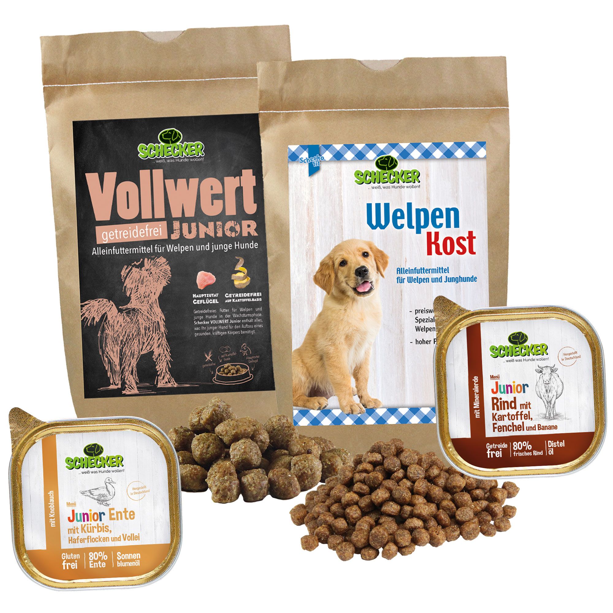 Schecker Hundefutter - Testpaket für Welpen - Trocken- &  Nassfutter