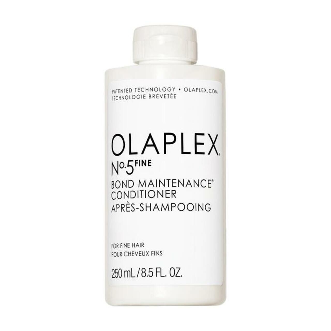 Weiße Flasche mit Olaplex No.5 FINE Bond Maintenance Conditioner. Text: Für feines Haar, 250 ml/8.5 fl. oz.