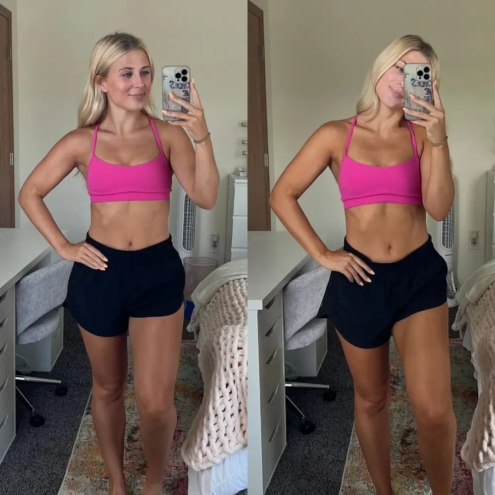 Zwei Fotos einer Frau in Sportkleidung. Links: helle Haut. Rechts: gebräunte Haut. Sie steht vor einem Schreibtisch.