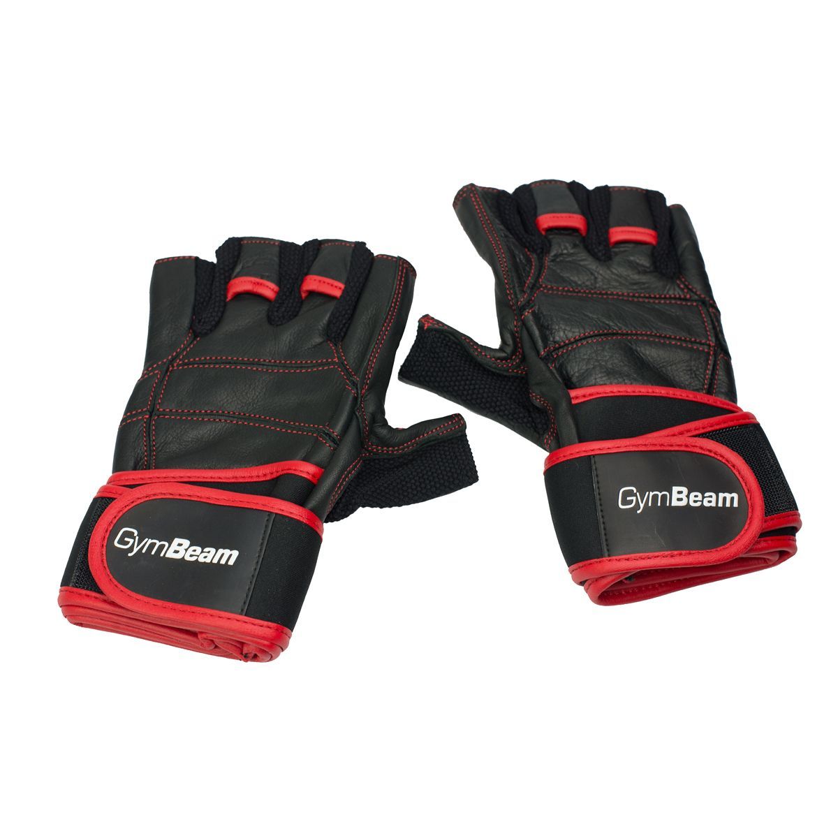 Paar schwarzer Leder-Fitnesshandschuhe mit roten Akzenten und Klettverschluss. Marke GymBeam.